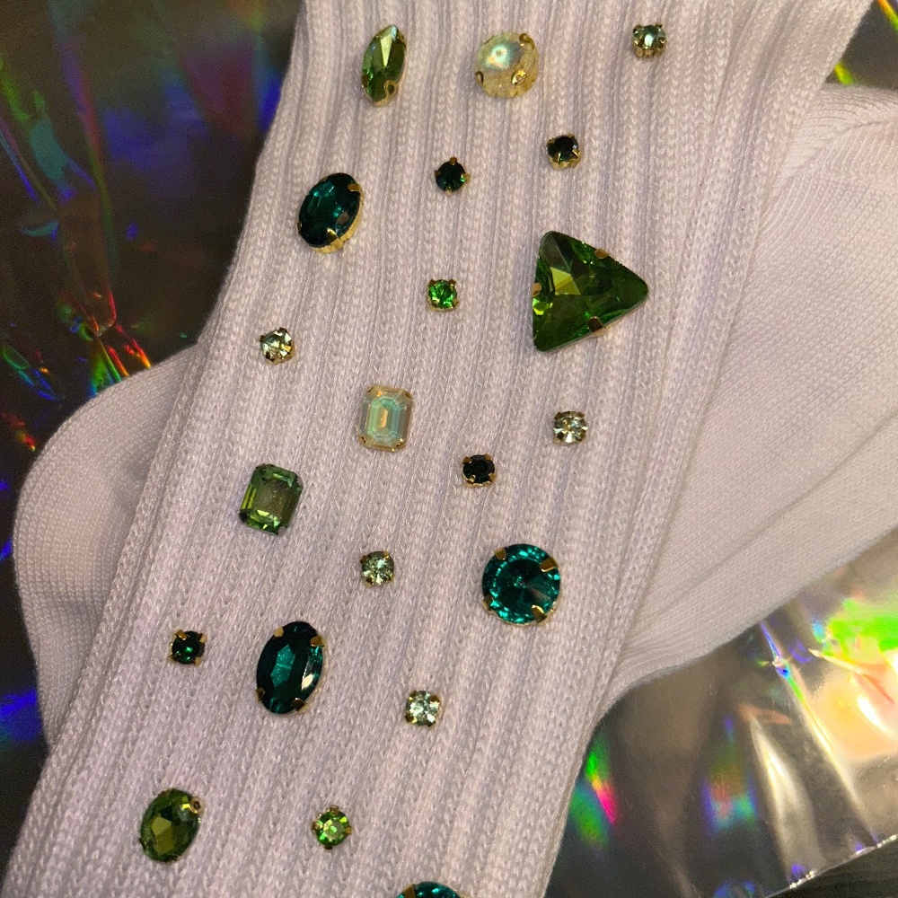 The “Shamrock Sock “ white slouch socks with shades of green gemstones